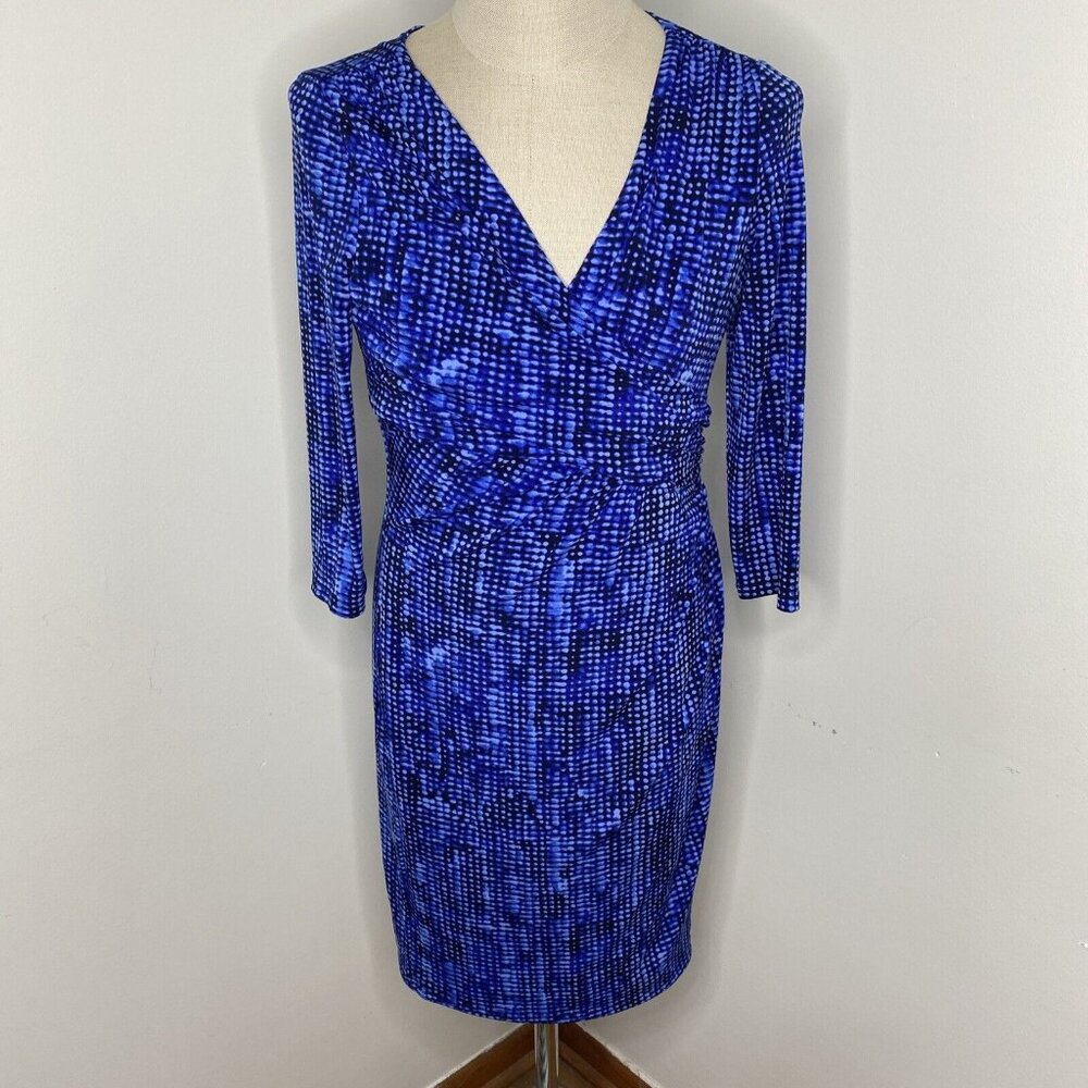 Ralph Lauren Dress Royal Blue Sz 12 Ruched Side V Neck Wiggle Midi 3/4 Wrap Look